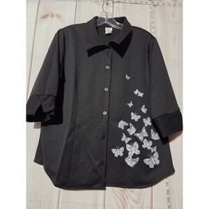 Butterfly Print Black Button Front 3/4 Sleeve Top Women's 2X Whimsigoth Vintage